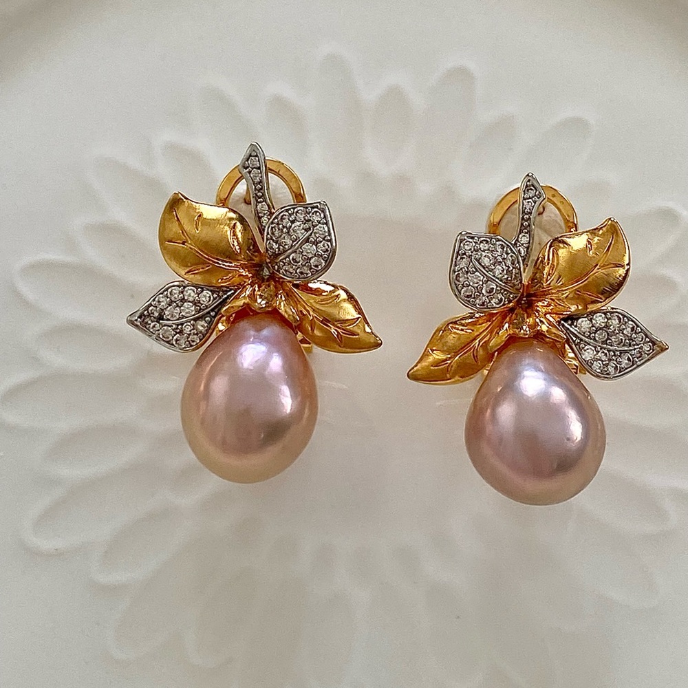 E63-Handmade Pink Edison Pesarl Two Tone Earring - Picture 5 of 9